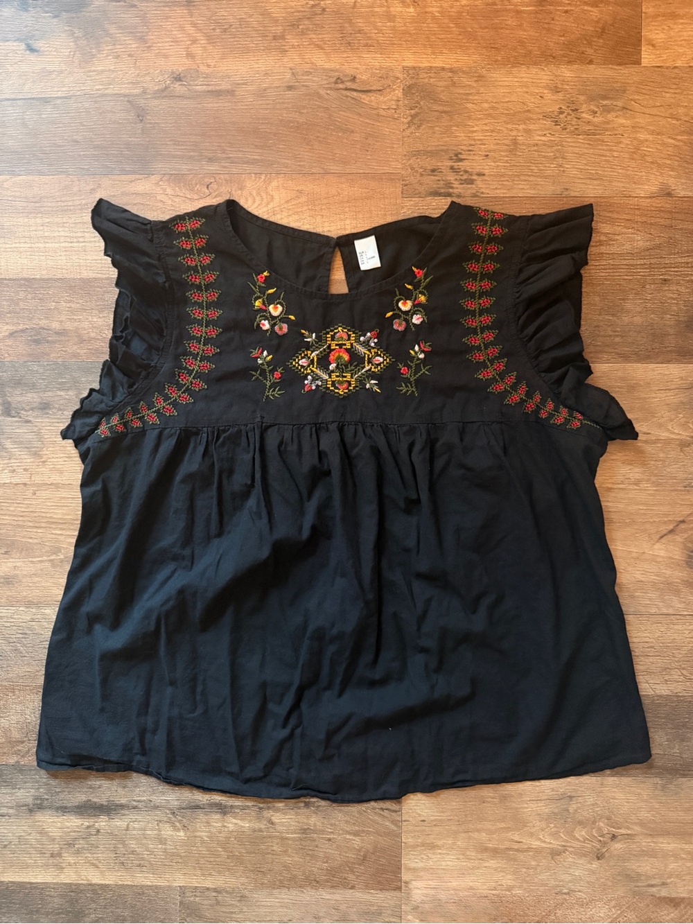 Black Embroidered Flutter Sleeve Women's Top
